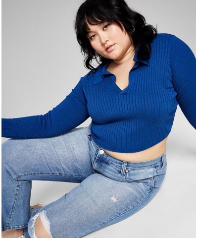 Trendy Plus Size Cropped Polo Top Navy Peony $14.85 Tops