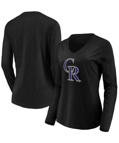 Women's Black Colorado Rockies Official Logo Long Sleeve V-Neck T-shirt Black $24.29 Tops