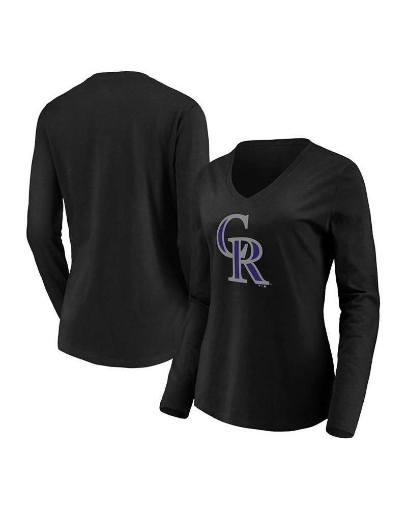 Women's Black Colorado Rockies Official Logo Long Sleeve V-Neck T-shirt Black $24.29 Tops