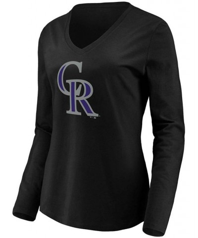 Women's Black Colorado Rockies Official Logo Long Sleeve V-Neck T-shirt Black $24.29 Tops