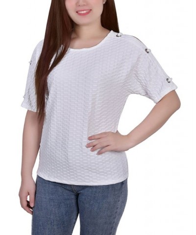 Petite Short Sleeve Honeycomb Textured Grommet Top White $13.95 Tops