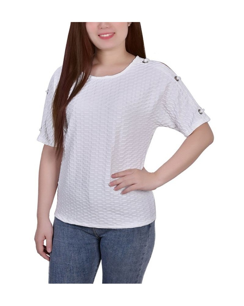 Petite Short Sleeve Honeycomb Textured Grommet Top White $13.95 Tops