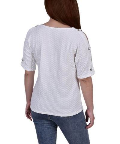 Petite Short Sleeve Honeycomb Textured Grommet Top White $13.95 Tops