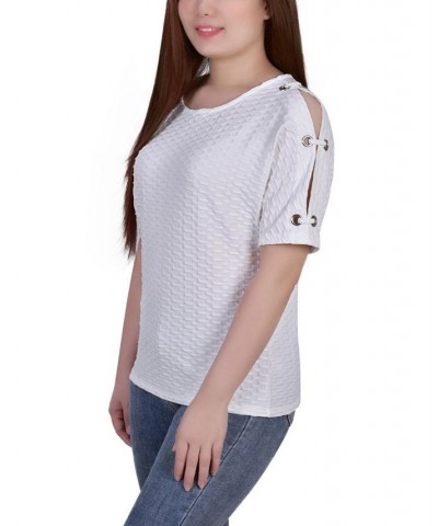 Petite Short Sleeve Honeycomb Textured Grommet Top White $13.95 Tops