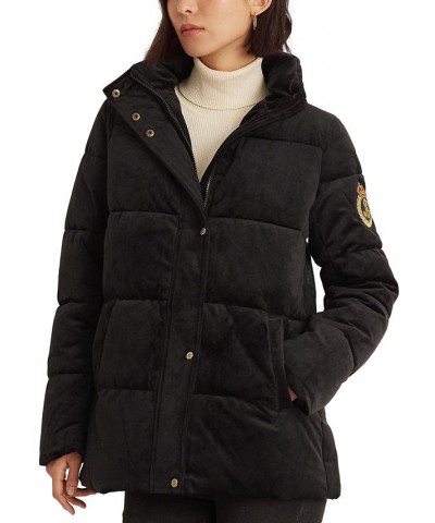 Women's Velvet Hooded Puffer Coat Black $117.00 Coats