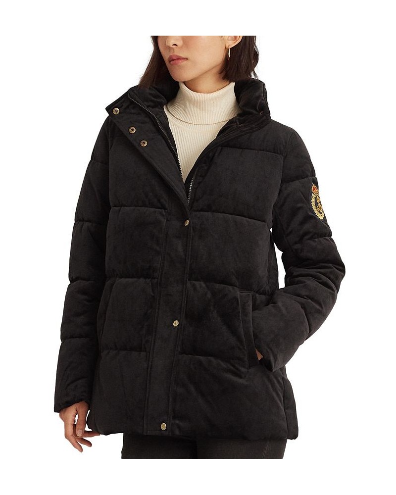 Women's Velvet Hooded Puffer Coat Black $117.00 Coats