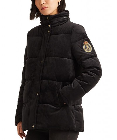 Women's Velvet Hooded Puffer Coat Black $117.00 Coats