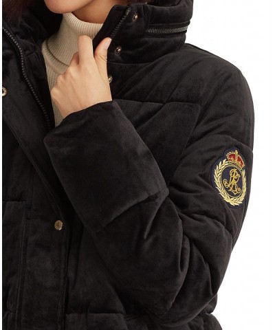 Women's Velvet Hooded Puffer Coat Black $117.00 Coats