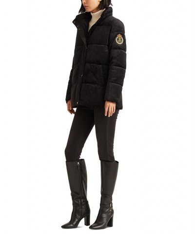 Women's Velvet Hooded Puffer Coat Black $117.00 Coats