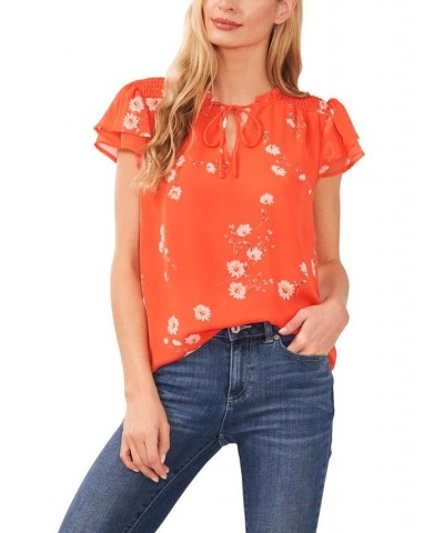 Women's Smocked Shoulder Tie Neck Blouse Coral Sunset $45.39 Tops