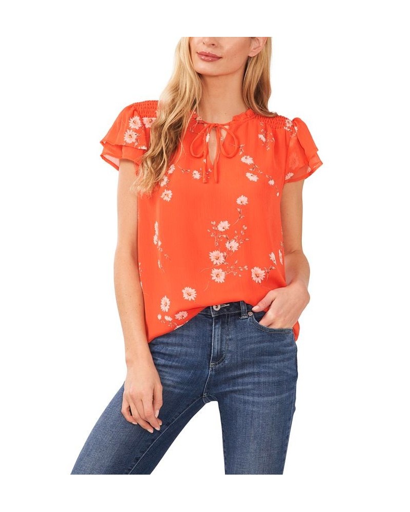 Women's Smocked Shoulder Tie Neck Blouse Coral Sunset $45.39 Tops