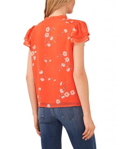 Women's Smocked Shoulder Tie Neck Blouse Coral Sunset $45.39 Tops