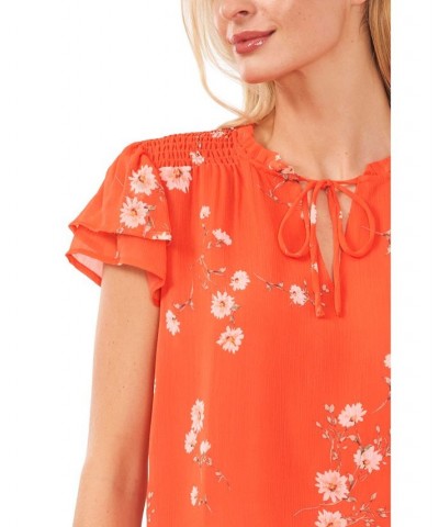 Women's Smocked Shoulder Tie Neck Blouse Coral Sunset $45.39 Tops