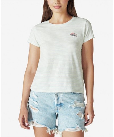 Embroidered Striped Cotton T-Shirt Blue $25.25 Tops