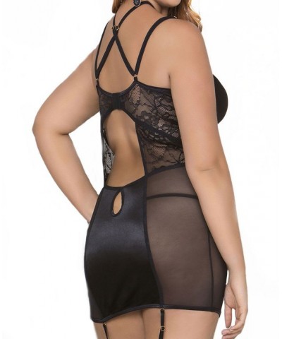 Women's Plus Size Halter Front Clasp Chemise and Panty Lingerie Set Black $38.76 Lingerie