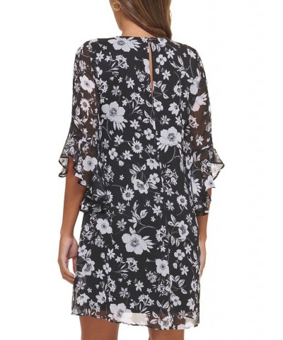 Women's Chiffon Ruffled-Cuff Shift Dress Black/Cream $61.92 Dresses