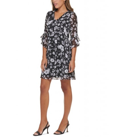 Women's Chiffon Ruffled-Cuff Shift Dress Black/Cream $61.92 Dresses