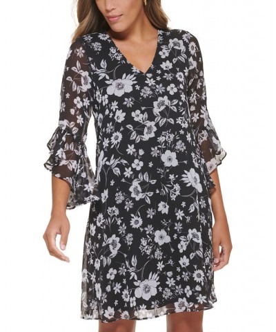 Women's Chiffon Ruffled-Cuff Shift Dress Black/Cream $61.92 Dresses