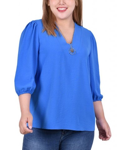 Plus Size 3/4 Puff Sleeve Top with Detachable Necklace Blue $14.60 Tops