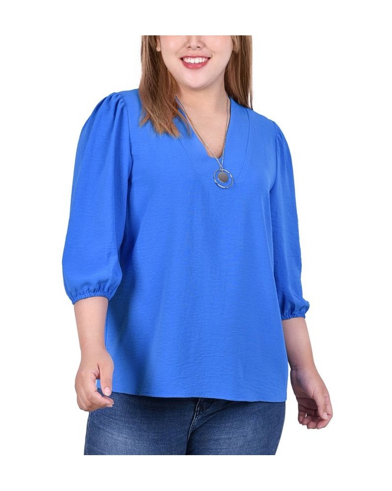 Plus Size 3/4 Puff Sleeve Top with Detachable Necklace Blue $14.60 Tops