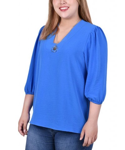 Plus Size 3/4 Puff Sleeve Top with Detachable Necklace Blue $14.60 Tops