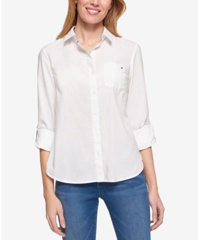 Women's Cotton Roll-Tab Button-Up Shirt White $26.54 Tops