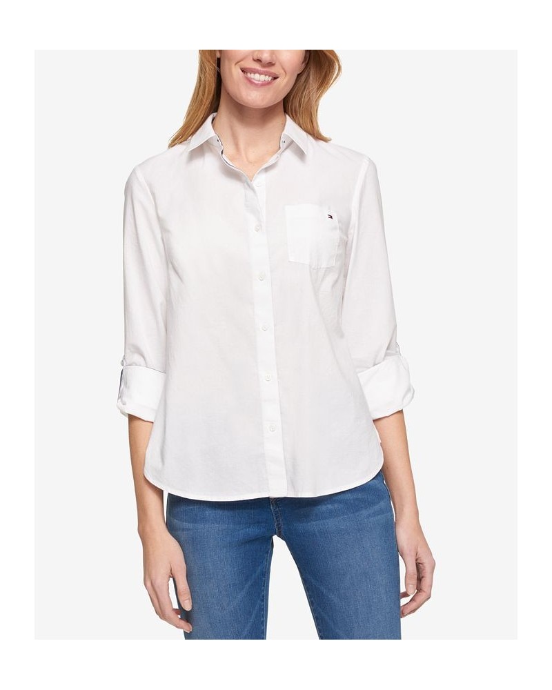 Women's Cotton Roll-Tab Button-Up Shirt White $26.54 Tops