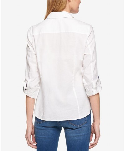 Women's Cotton Roll-Tab Button-Up Shirt White $26.54 Tops