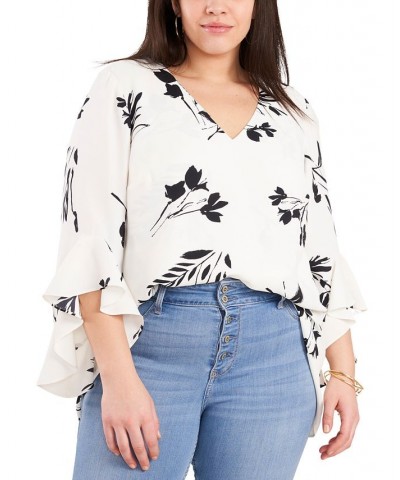 Plus Size Flutter Sleeve Floral Whisps V-Neck Tunic Hot Pink $25.59 Tops