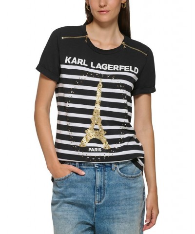 Women's Embellished-Eiffel-Tower T-Shirt Black/ White $42.96 Tops