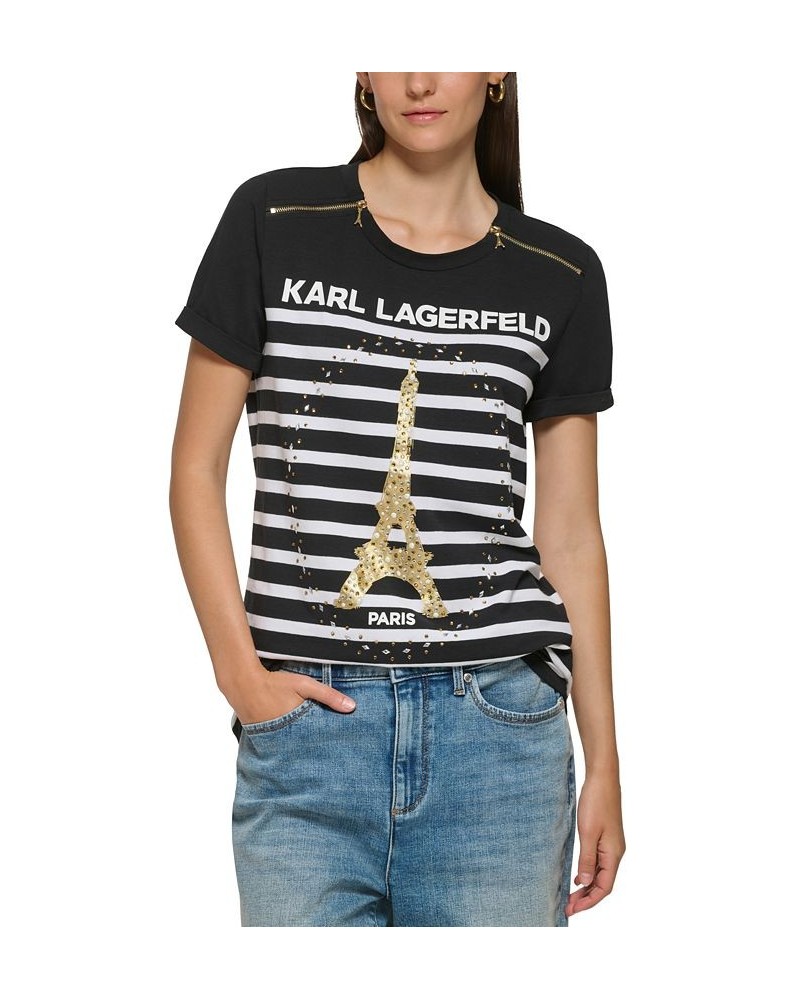 Women's Embellished-Eiffel-Tower T-Shirt Black/ White $42.96 Tops