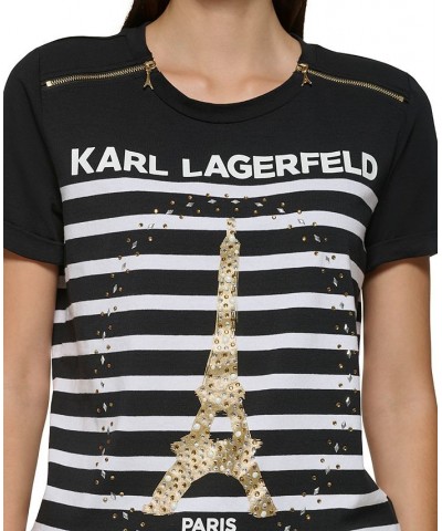 Women's Embellished-Eiffel-Tower T-Shirt Black/ White $42.96 Tops