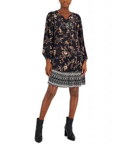 Women's Printed V-Neck Peasant Dress Black $15.55 Dresses