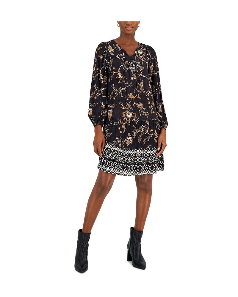 Women's Printed V-Neck Peasant Dress Black $15.55 Dresses