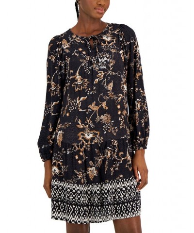 Women's Printed V-Neck Peasant Dress Black $15.55 Dresses