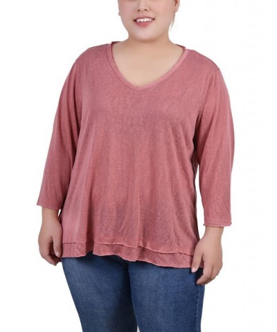 Plus Size 3/4 Sleeve V-Neck Tunic Pink $14.60 Tops