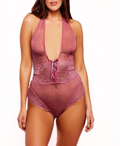 Women's Halter One Piece Plus Size Floral Dotted Mesh Teddy Lingerie with Velvet Lace Up Maroon $32.76 Sleepwear