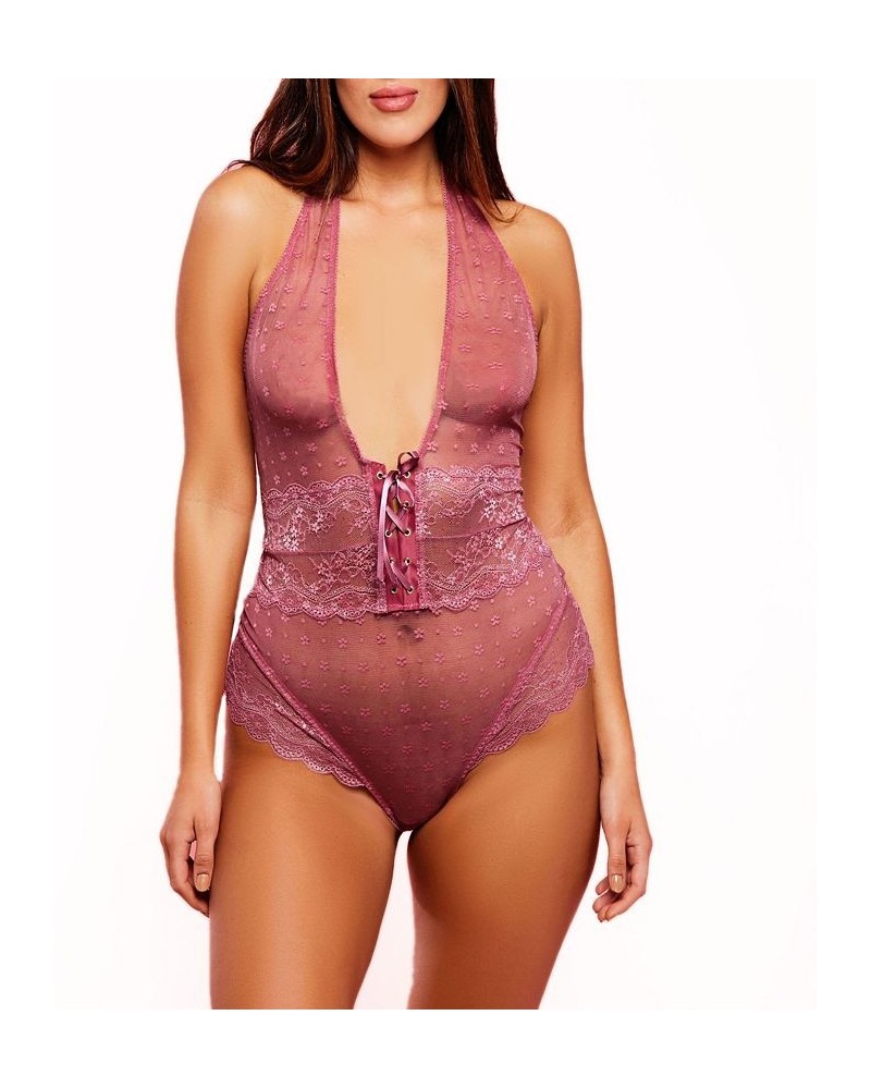 Women's Halter One Piece Plus Size Floral Dotted Mesh Teddy Lingerie with Velvet Lace Up Maroon $32.76 Sleepwear