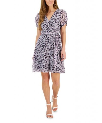 Petite Floral-Print Knot-Sleeve Wrap Dress Navy $45.39 Dresses