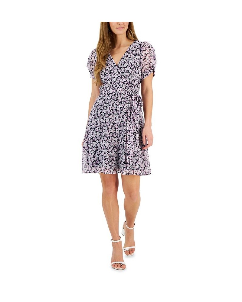 Petite Floral-Print Knot-Sleeve Wrap Dress Navy $45.39 Dresses