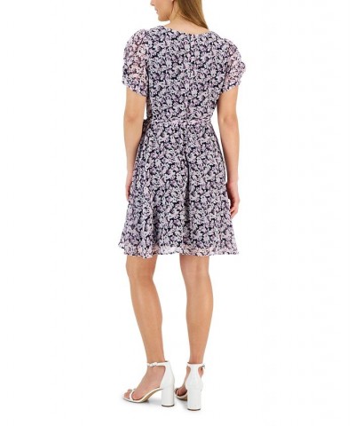 Petite Floral-Print Knot-Sleeve Wrap Dress Navy $45.39 Dresses