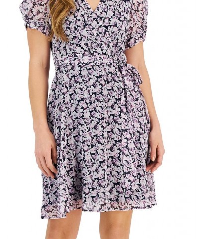 Petite Floral-Print Knot-Sleeve Wrap Dress Navy $45.39 Dresses