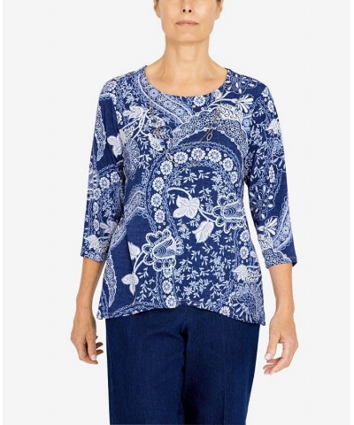 Petite Bright Idea Paisley Floral Knit Top with Necklace Navy $26.28 Tops