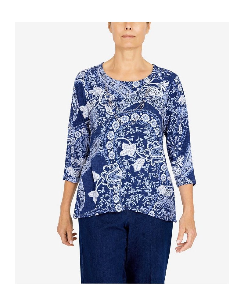 Petite Bright Idea Paisley Floral Knit Top with Necklace Navy $26.28 Tops