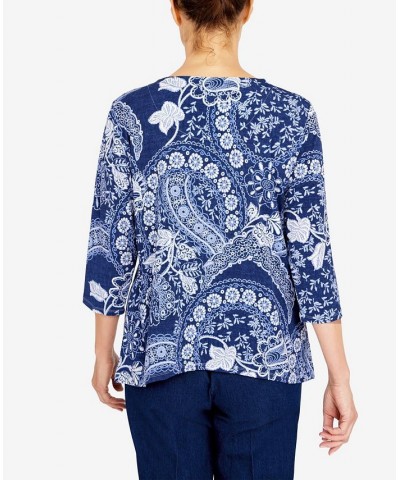 Petite Bright Idea Paisley Floral Knit Top with Necklace Navy $26.28 Tops