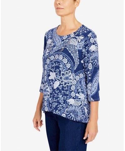 Petite Bright Idea Paisley Floral Knit Top with Necklace Navy $26.28 Tops