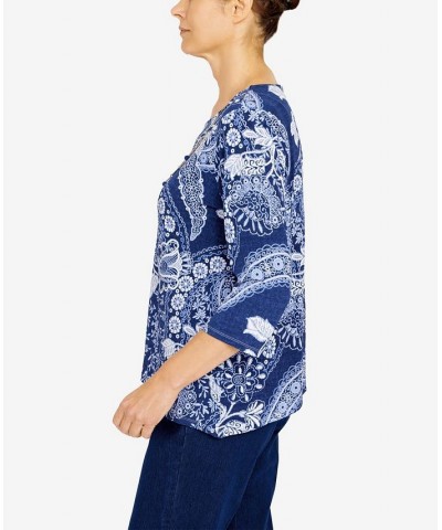 Petite Bright Idea Paisley Floral Knit Top with Necklace Navy $26.28 Tops