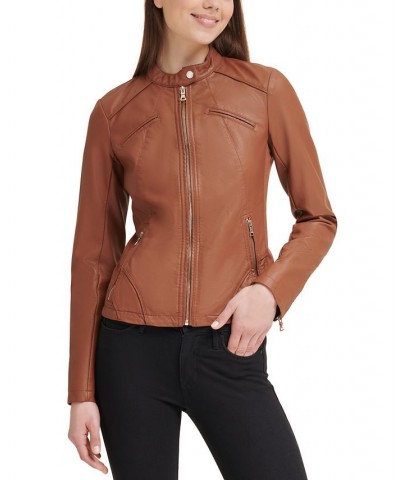 Faux-Leather Moto Jacket Brown $58.50 Coats