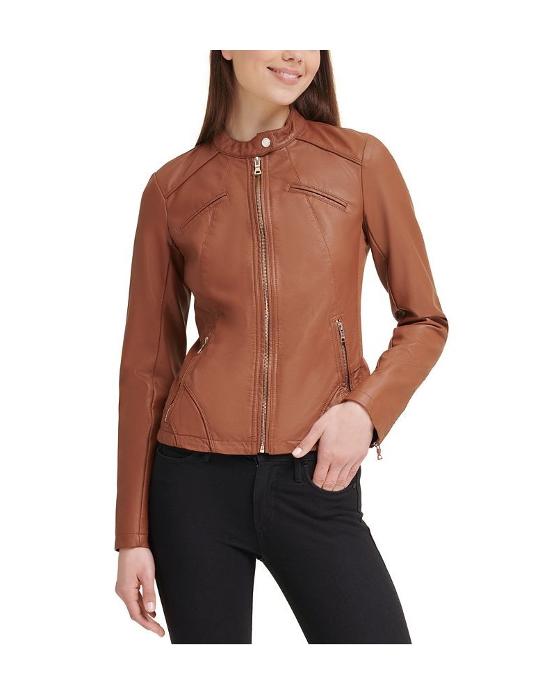 Faux-Leather Moto Jacket Brown $58.50 Coats