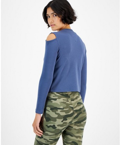 Women's Cold-Shoulder Long-Sleeve T-Shirt Vintage Blue $20.21 Tops